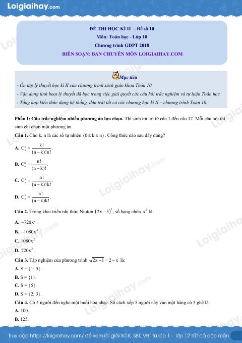 Đề thi học kì 2 Toán 10 - Đề số 10